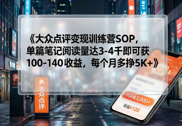 大众点评变现训练营SOP，单篇笔记阅读量达3-4千即可获100-140收益，每个月多挣5K+-小艾项目网