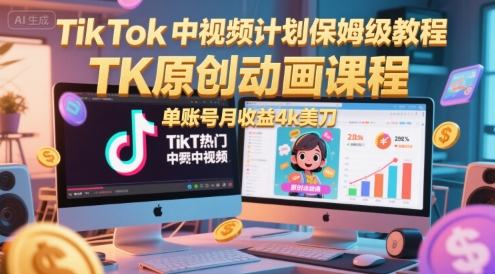 TikTok中视频计划保姆级教程，TK原创动画课程，单账号月收益4k美刀-知芽创业社