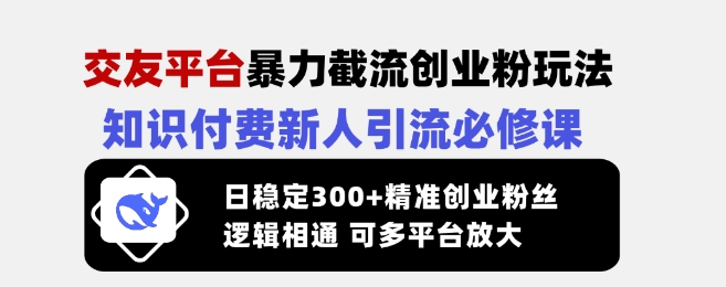 交友平台暴力截流创业粉玩法，知识付费新人引流必修课，日稳定300+精准创业粉丝，逻辑相通可多平台放大-小艾项目网