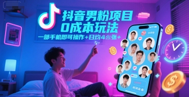 抖音男粉项目0成本玩法，一部手机即可操作，日均4张+，时间自由-小艾项目网