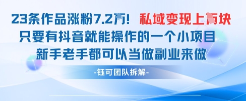 抖音私域项目23条作品涨粉7.2W，私域变现1W-知芽创业社