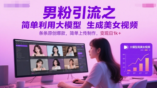 男粉引流之简单利用大模型生成美女视频，条条原创爆款，简单上传制作，变现日1k+-知芽创业社