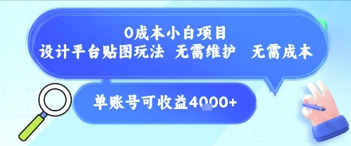 0成本小白项目，设计平台贴图玩法，无需维护，无需成本，单账号单月可产生收益4k+-知芽创业社