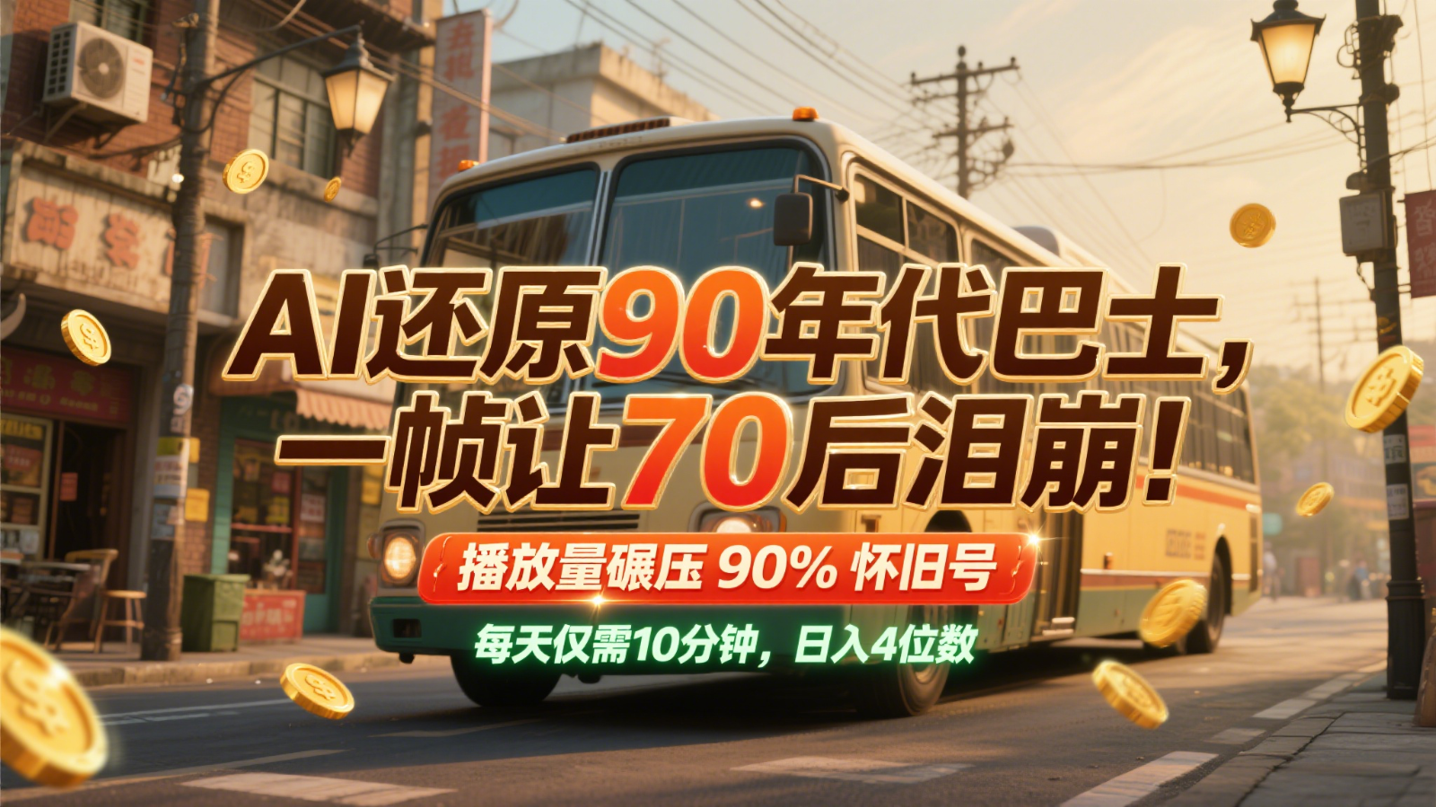 AI还原90年代巴士，一帧让70后泪崩！播放量碾压90%怀旧号，每天10分钟，日入4位数-知芽创业社