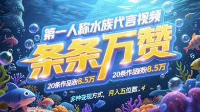 第一人称水族代言视频，条条万赞，20条作品涨粉7.8W，多种变现方式月入五位数-知芽创业社