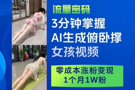 3分钟掌握AI生成俯卧撑女孩视频，零成本涨粉变现，1个月1W粉-知芽创业社