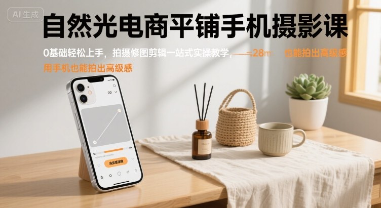 自然光电商平铺手机摄影课，0基础轻松上手，拍摄修图剪辑一站式实操教学，用手机也能拍出高级感-知芽创业社