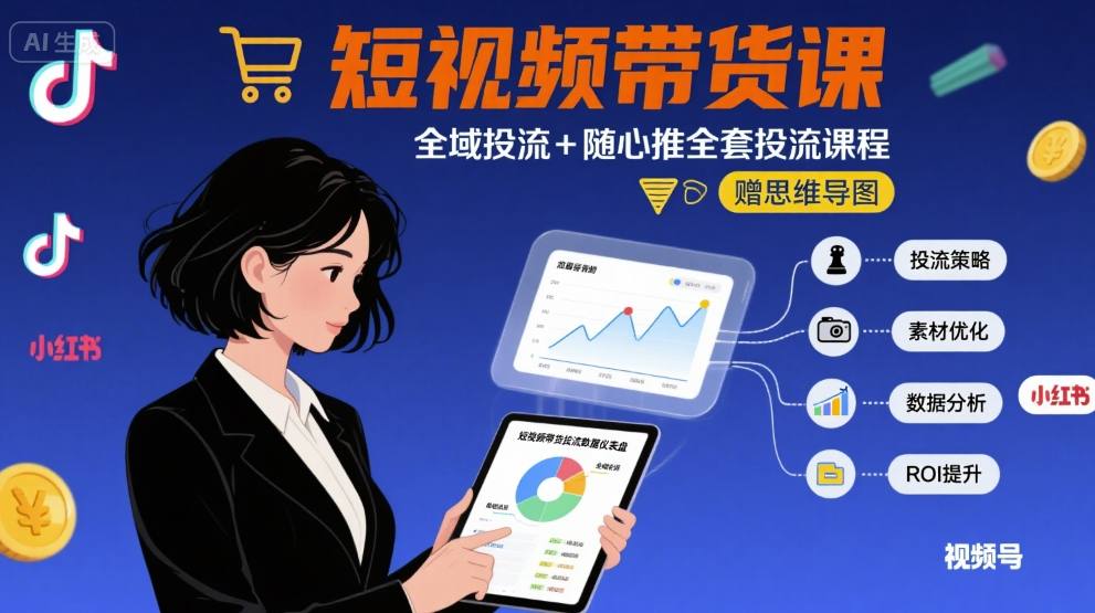最新短视频带货课，全域投流+随心推全套投流课程+思维导图-知芽创业社
