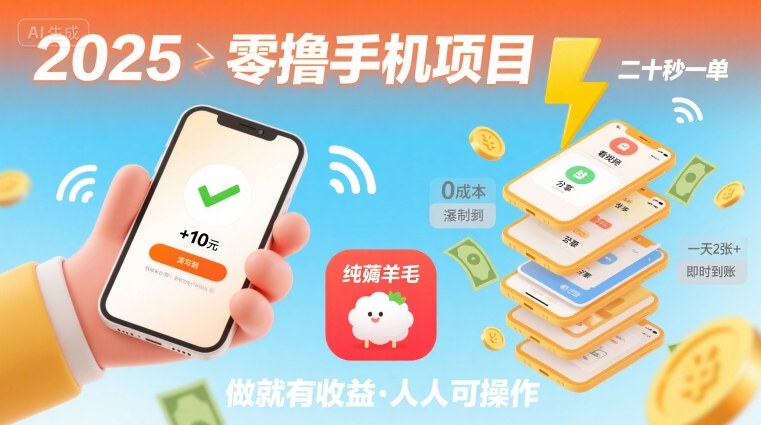 2025年零撸手机项目，二十秒一单，纯薅羊毛 一天2张+做就有-知芽创业社