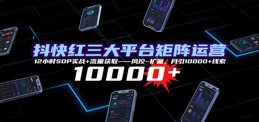 抖快红三大平台矩阵运营，12小时SOP实战+流量获取-风控-扩量，月引10000+线索-知芽创业社