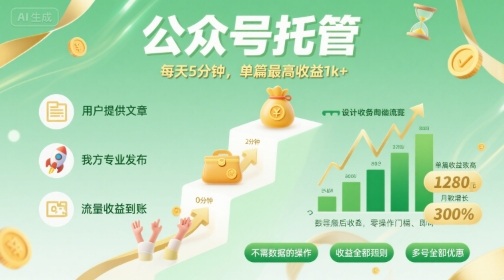 【公众号托管 】我提供文章，你发布，每天5分钟，单篇最高收益1k+【揭秘】-知芽创业社