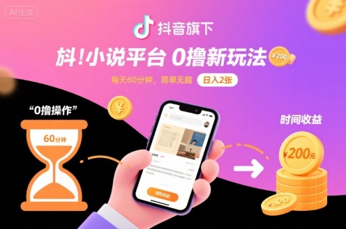 抖音旗下小说平台0撸新玩法，每天挂G60分钟，简单无脑，日入2张【揭秘】-知芽创业社