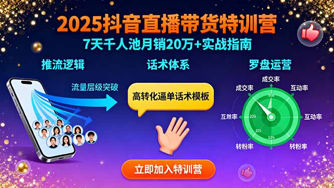 2025抖音直播带货特训：推流逻辑、话术体系、罗盘运营,7天千人池月销20万+-知芽创业社
