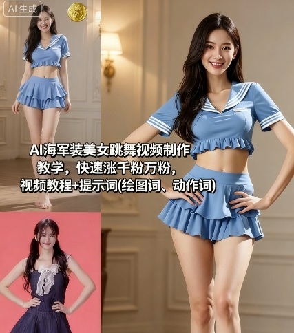 AI海军装美女跳舞视频制作教学，快速涨千粉万粉，视频教程+提示词(绘图词、动作词)-知芽创业社