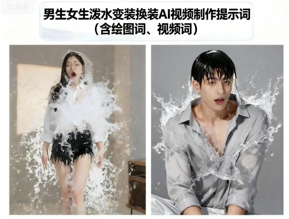 男生女生泼水变装换装AI视频制作提示词(含绘图词、视频词)-知芽创业社
