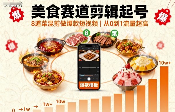 美食赛道剪辑起号，8道菜混剪做爆款短视频，从0到1，流量超高-知芽创业社