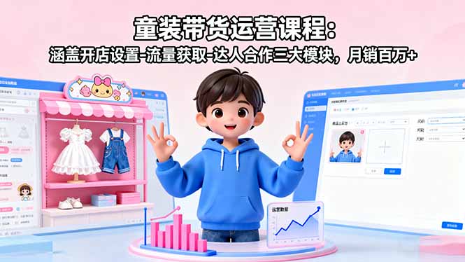 童装带货运营课程：涵盖开店设置-流量获取-达人合作三大模块，月销百万+-知芽创业社