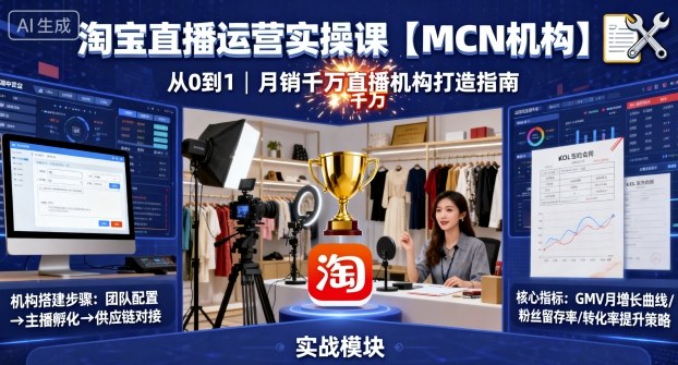 淘宝直播运营实操课【MCN机构】，从0到1做一家月销千W的直播机构-知芽创业社