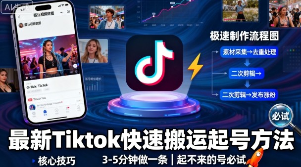 最新Tiktok快速搬运快速起号方法，3-5分钟做一条，起不来的号可以试试-知芽创业社
