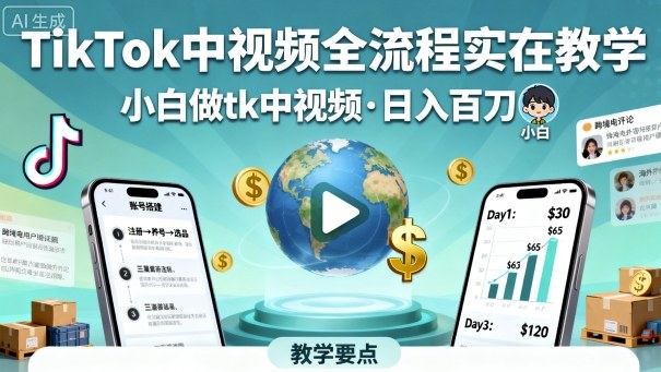 TikTok中视频全流程实操教学，小白做tk中视频，日入百刀-知芽创业社
