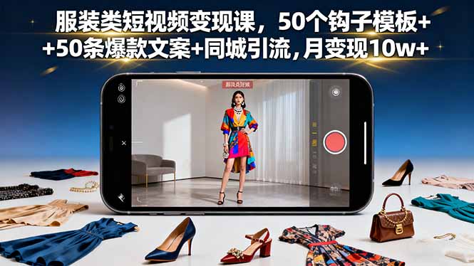 服装类短视频变现课，50个钩子模板+50条爆款文案+同城引流，月变现10w+-知芽创业社