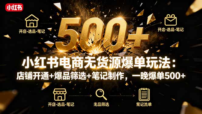 小红书电商无货源爆单玩法：店铺开通+爆品筛选+笔记制作，一晚爆单500+-知芽创业社