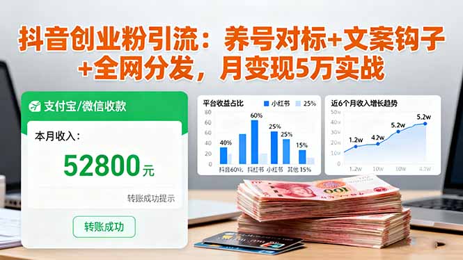 抖音创业粉引流：养号对标+文案钩子+全网分发，月变现5万实战-知芽创业社