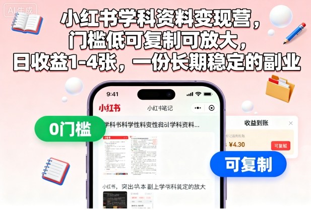 小红书学科资料变现营，门槛低可复制可放大，日收益1-4张，一份长期稳定的副业-知芽创业社