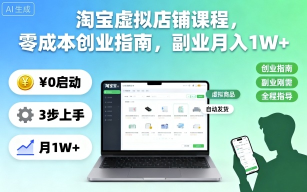 淘宝虚拟店铺课程，零成本创业指南，副业月入1W+-知芽创业社