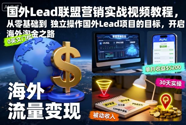 国外Lead联盟营销实战视频教程，从零基础到独立操作国外Lead项目的目标，开启海外淘金之路-小艾项目网