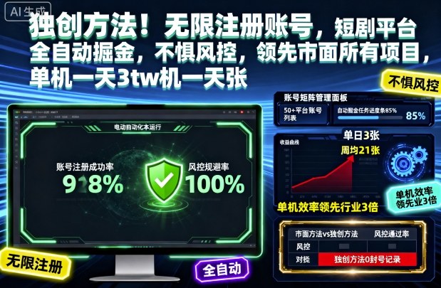 独创方法！无限注册账号，短剧平台全自动掘金，不惧风控，领先市面所有项目，单机一天3张【揭秘】-小艾项目网