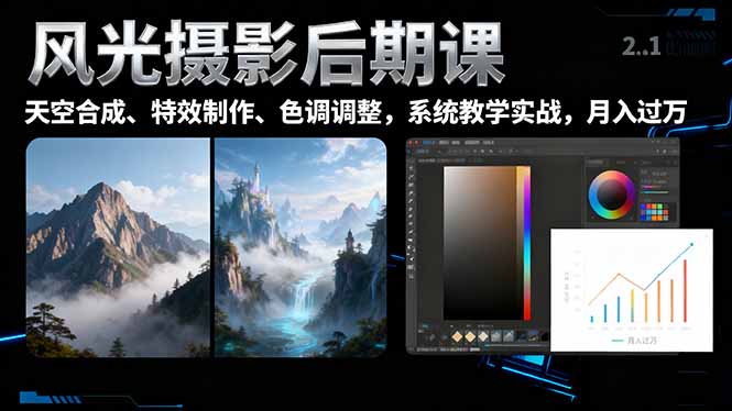 风光摄影后期课，一键换天空合成、特效制作、色调调整，月入过万-知芽创业社