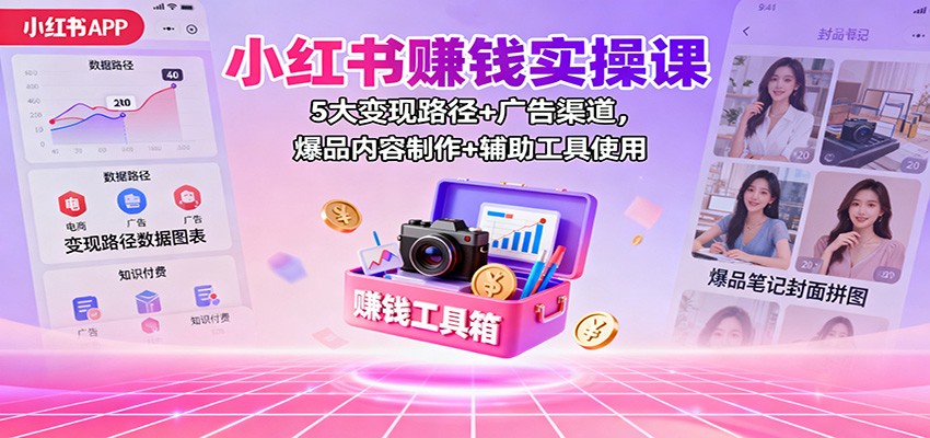 小红书赚钱实操课：5大变现路径+广告渠道，爆品内容制作+辅助工具使用-知芽创业社