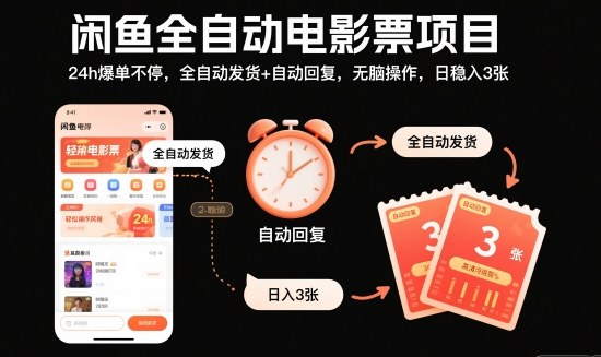 闲鱼全自动电影票项目，24h爆单不停，全自动发货+自动回复，无脑操作，日稳入3张【揭秘】-知芽创业社