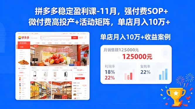 拼多多稳定盈利课-11月，强付费SOP+微付费高投产+活动矩阵，单店月入10w+-知芽创业社