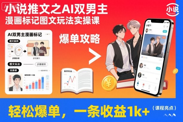 小说推文之AI双男主漫画标记图文玩法实操课，轻松爆单，一条收益1k+-知芽创业社