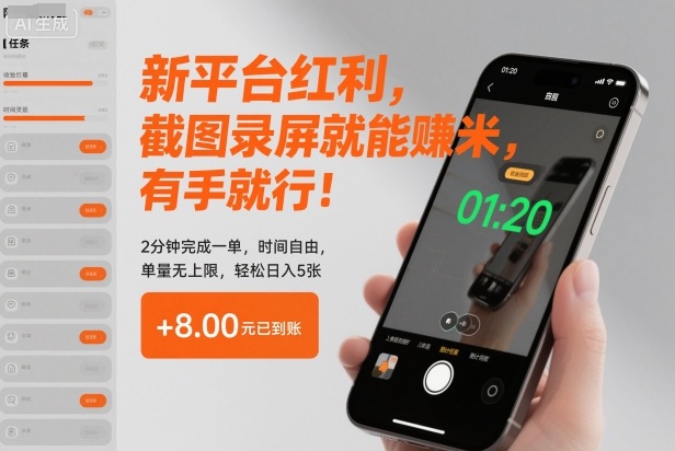 新平台红利，截图录屏就能賺米，有手就行！2分钟完成一单，时间自由，单量无上限，轻松日入5张【揭秘】-知芽创业社