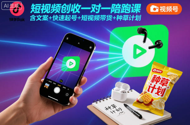 短视频创收一对一陪跑课，含文案+快速起号+短视频带货+种草计划-知芽创业社