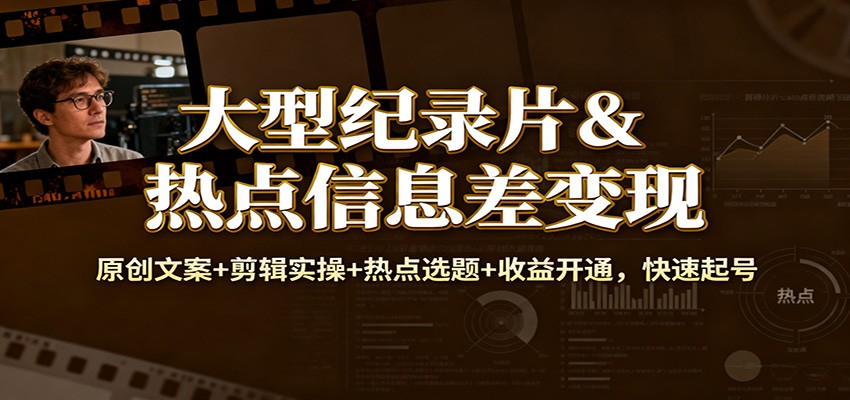 大型纪录片&热点信息差变现：原创文案+剪辑实操+热点选题+收益开通，快速起号-知芽创业社