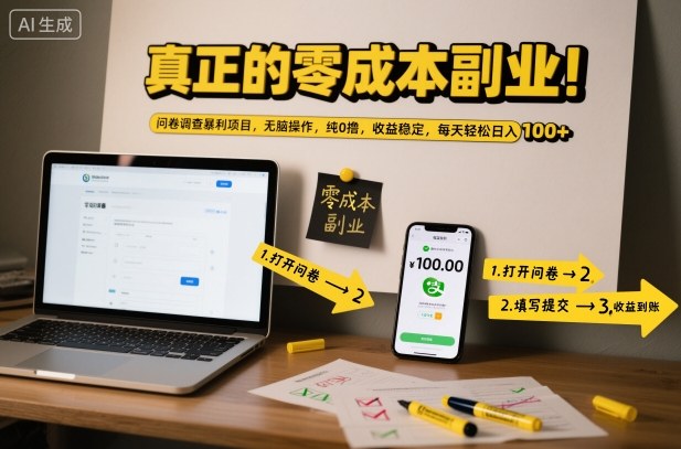 真正的零成本副业！问卷调查暴利项目，无脑操作，纯0撸，收益稳定，每天轻松日入100+【揭秘】-知芽创业社