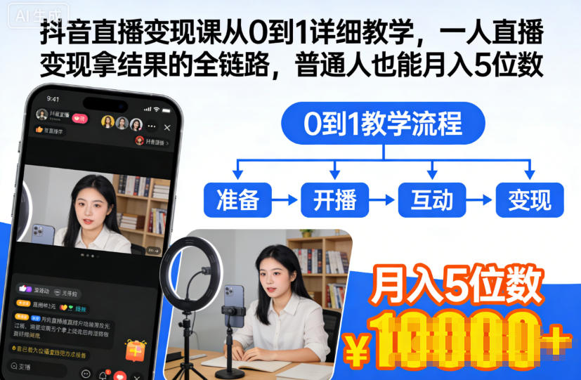 抖音直播变现课从0到1详细教学，一人直播变现拿结果的全链路，普通人也能月入5位数-知芽创业社