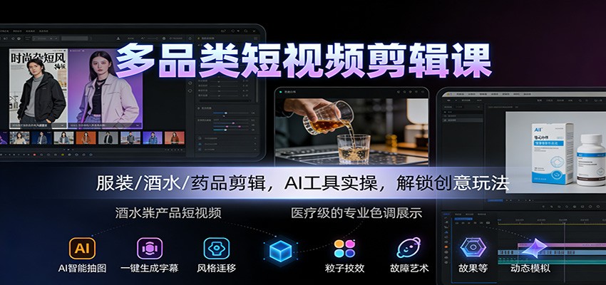 多品类短视频剪辑课：服装/酒水/药品剪辑，AI工具实操，解锁创意玩法-知芽创业社
