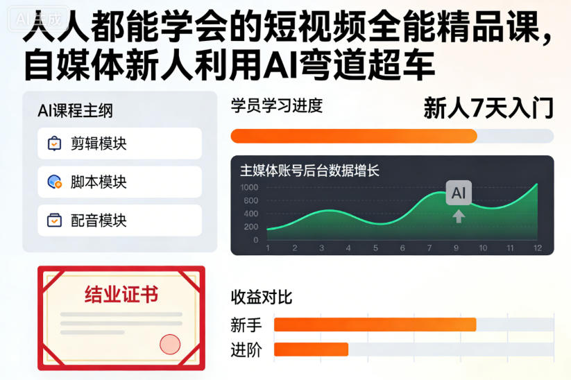 人人都能学会的短视频全能精品课，自媒体新人利用AI弯道超车-知芽创业社