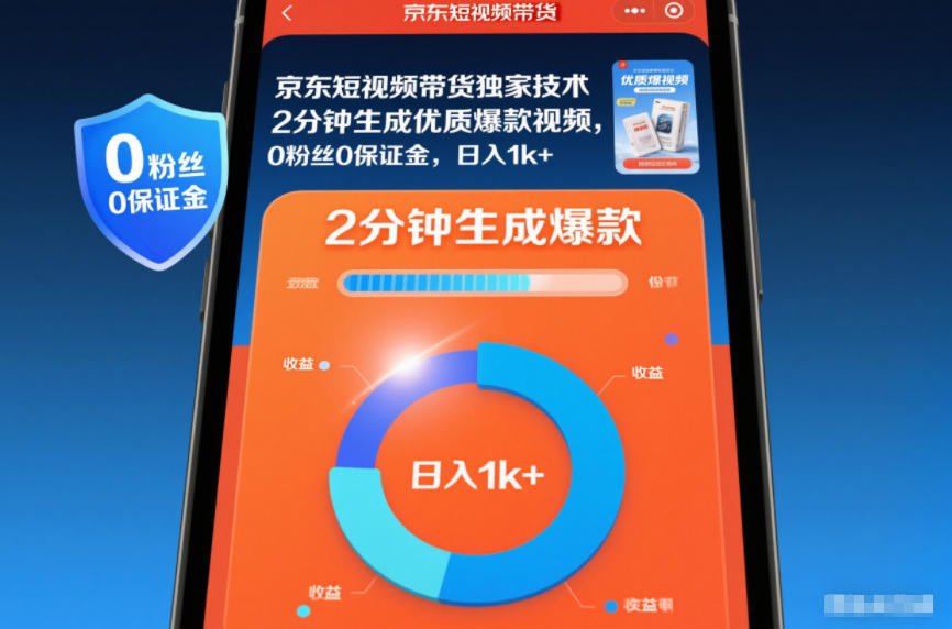 京东短视频带货独家技术，2分钟生成一条优质爆款视频，0粉丝0保证金，日入1k+【揭秘】-知芽创业社