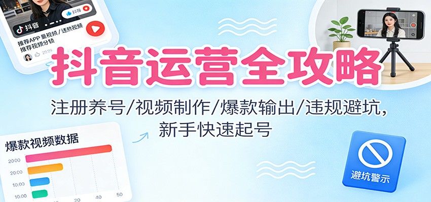 抖音运营全攻略：注册养号/视频制作/爆款输出/违规避坑，新手快速起号-知芽创业社