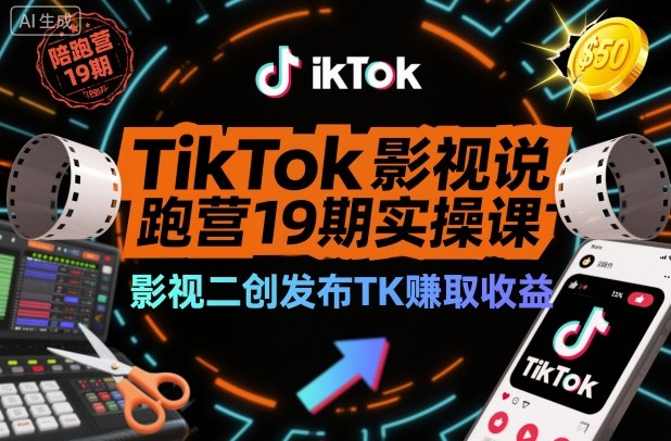 TikTok影视解说陪跑营19期实操课，影视二创发布TK賺取收益，万播收益50美金(更新)-小艾项目网