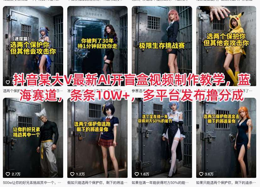 抖音某大V最新AI开盲盒视频制作教学，蓝海赛道，条条10W+，多平台发布撸分成-知芽创业社