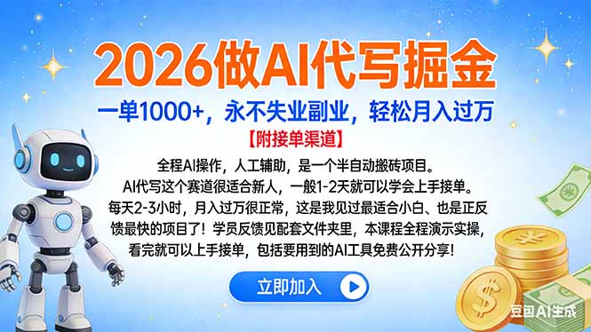2026做AI代写掘金，一单1000+，永不失业副业，轻松月入过万-知芽创业社