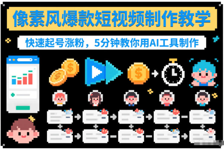 像素风爆款短视频制作教学，快速起号涨粉，5分钟教你用AI工具制作-知芽创业社