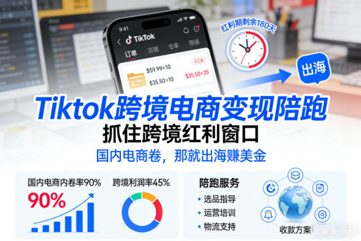 Tiktok跨境电商变现陪跑，抓住跨境红利窗口，国内电商卷，那就出海賺美金-知芽创业社